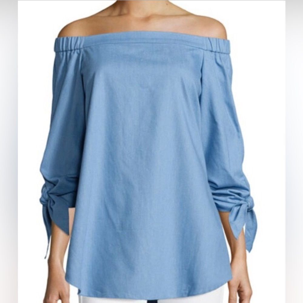 Tibi off shoulder tie sleeve tunic top blue size 4